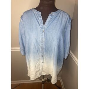Democracy Ombré Ruched Sleeve Denim Shirt Plus‎ Size 3X Blue